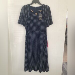 Lauren Ralph Lauren NWT Woman’s Navy Blue & White Polka Dot Midi Dress. Size 10.